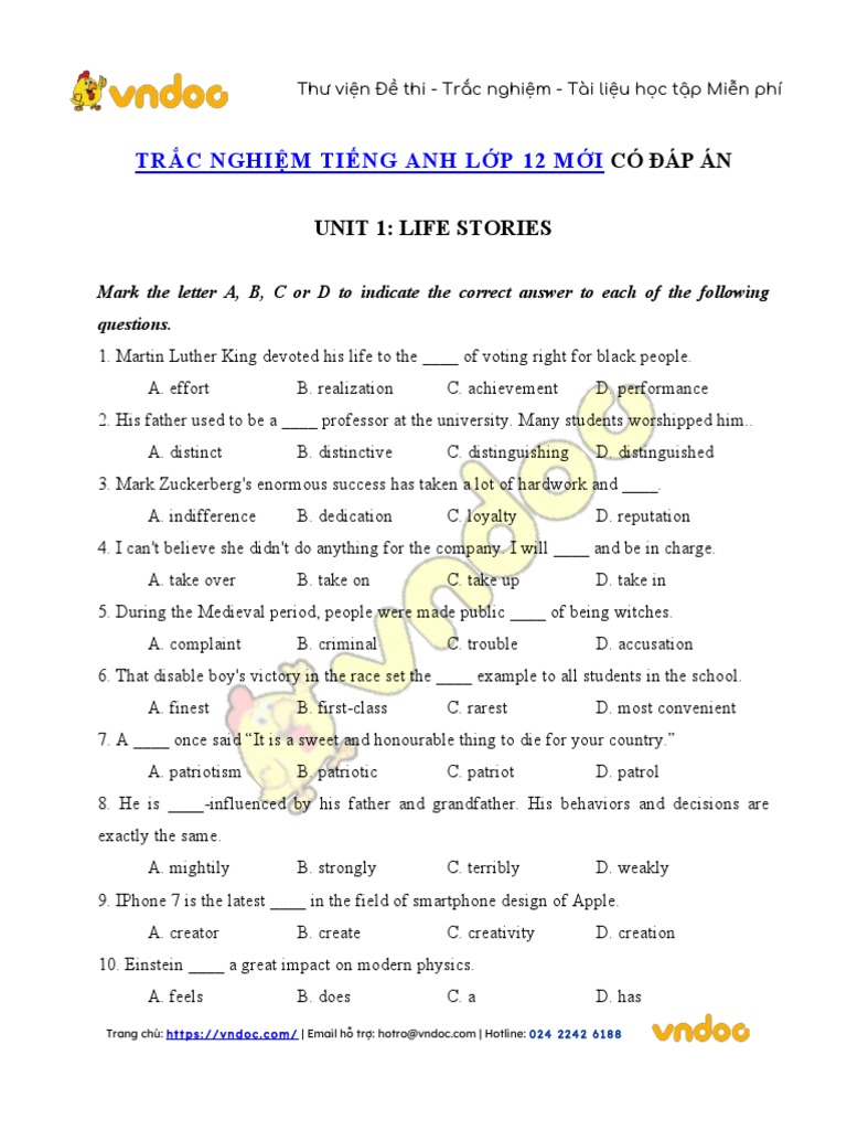 Trac Nghiem Tieng Anh Lop 12 Unit 1 Life Stories | PDF