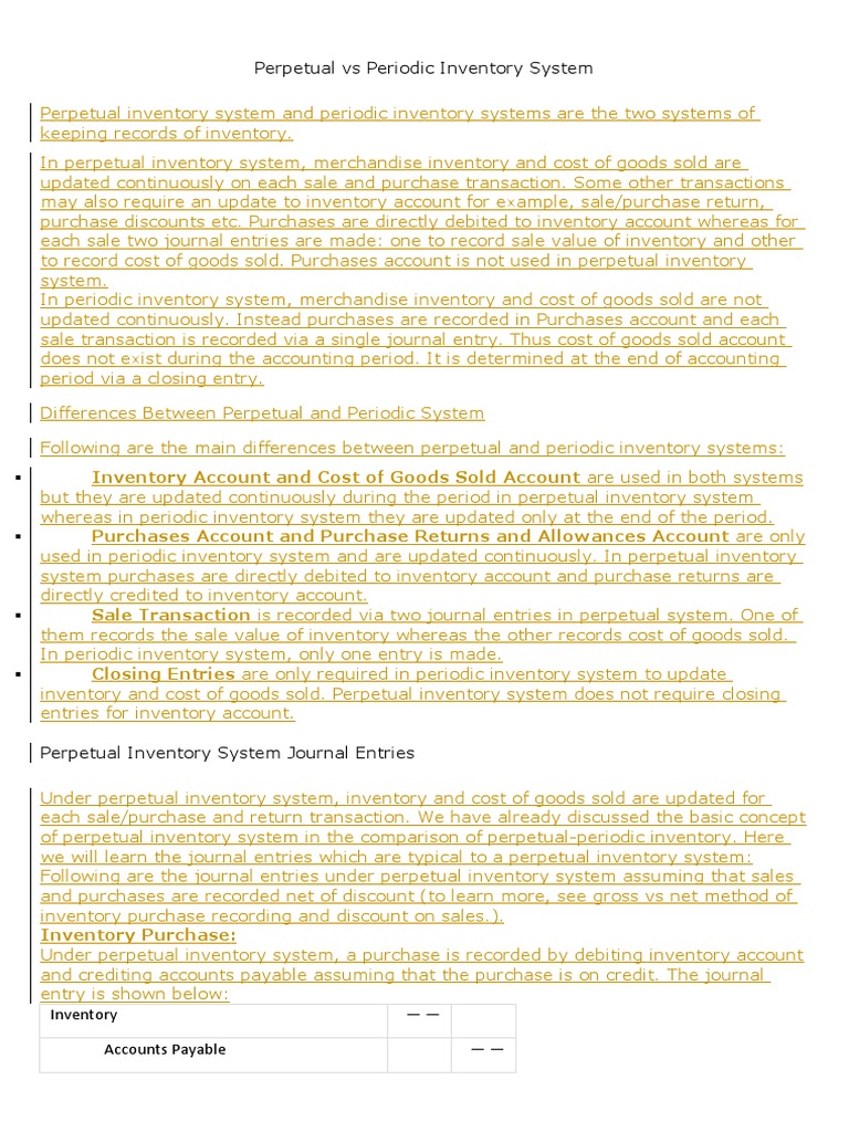 Perpetual Vs Periodic Inventory System | PDF | Cost Of Goods Sold ...