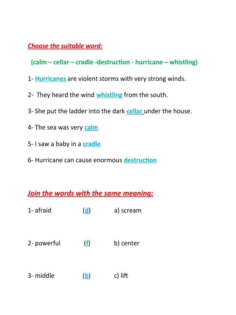 Choose The Suitable Word (Calm Cellar Cradle Destruction