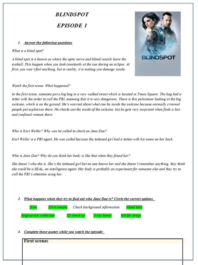 Blindspot Episode 1 1. Answer The Following Questions PDF