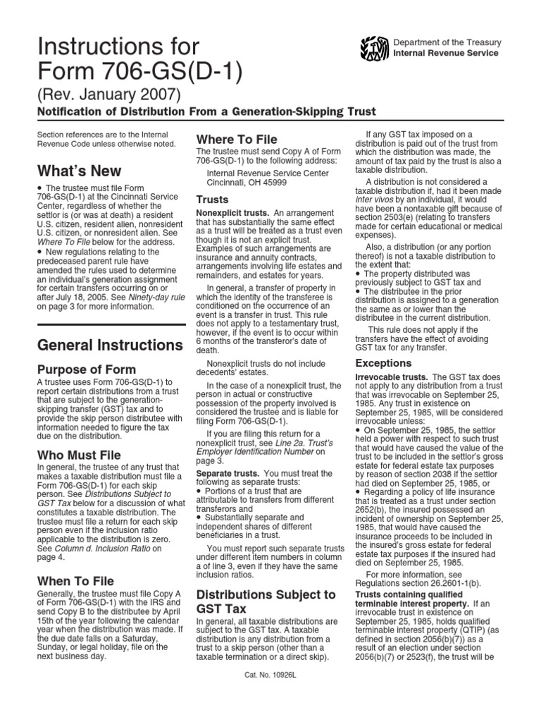 Form 706-GS(D-1) Instructions for GST Tax | PDF | Estate Tax In The ...