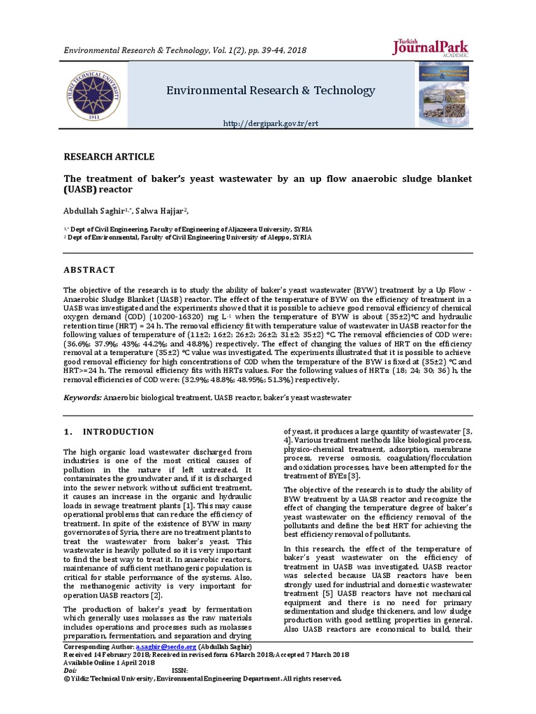 The Treatment of Baker S Yeast Wastewater by An Up Flow Anaerobic