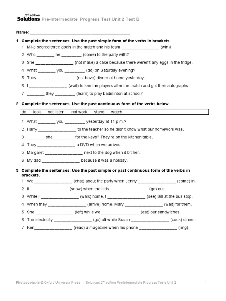 Pre-Intermediate Progress Test Unit 2 Test B: Photocopiable © Oxford ...