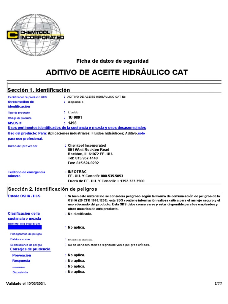 Cat Hydraulic Oil Additive 20000426.ESPAÑOL PDF Residuos Agua