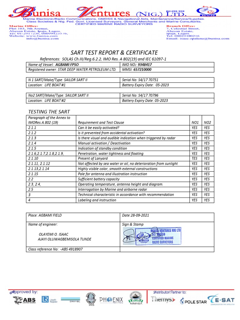 SART Test Report for AGBAMI FPSO | PDF | Technology & Engineering