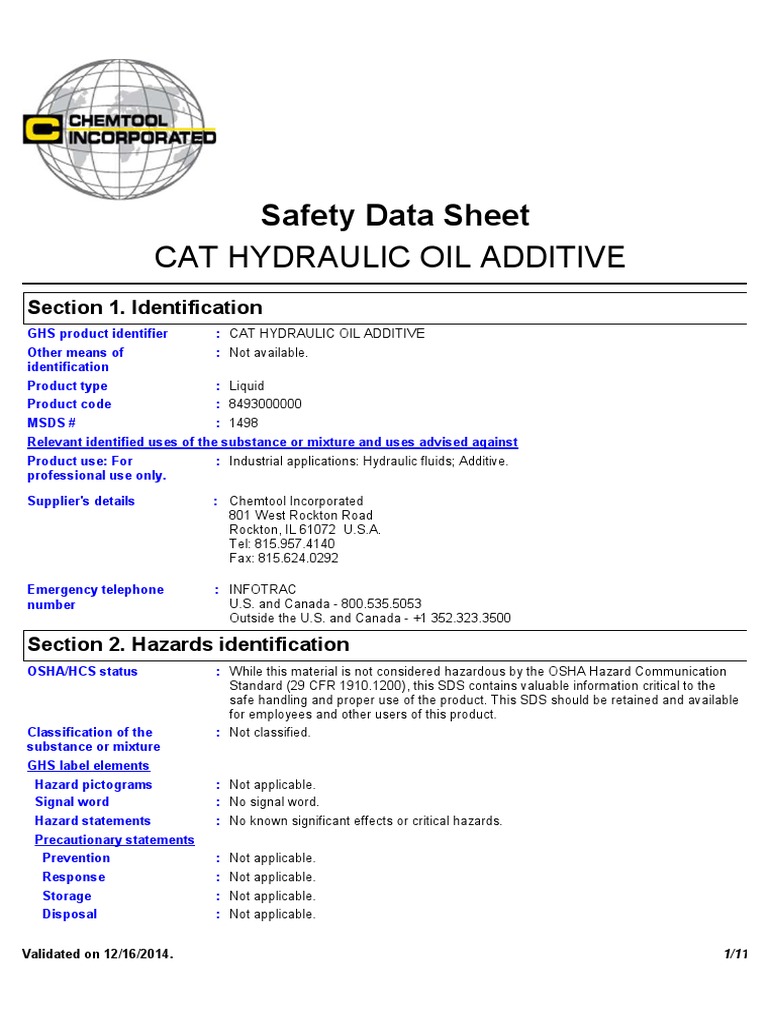 Cat Hydraulic Oil Additive Safety Data Sheet PDF Working