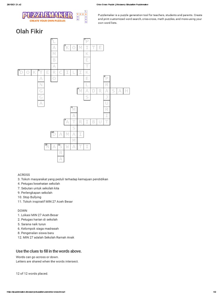 Criss Cross Puzzle - Discovery Education Puzzlemaker | PDF for Free Printable Criss Cross Puzzles