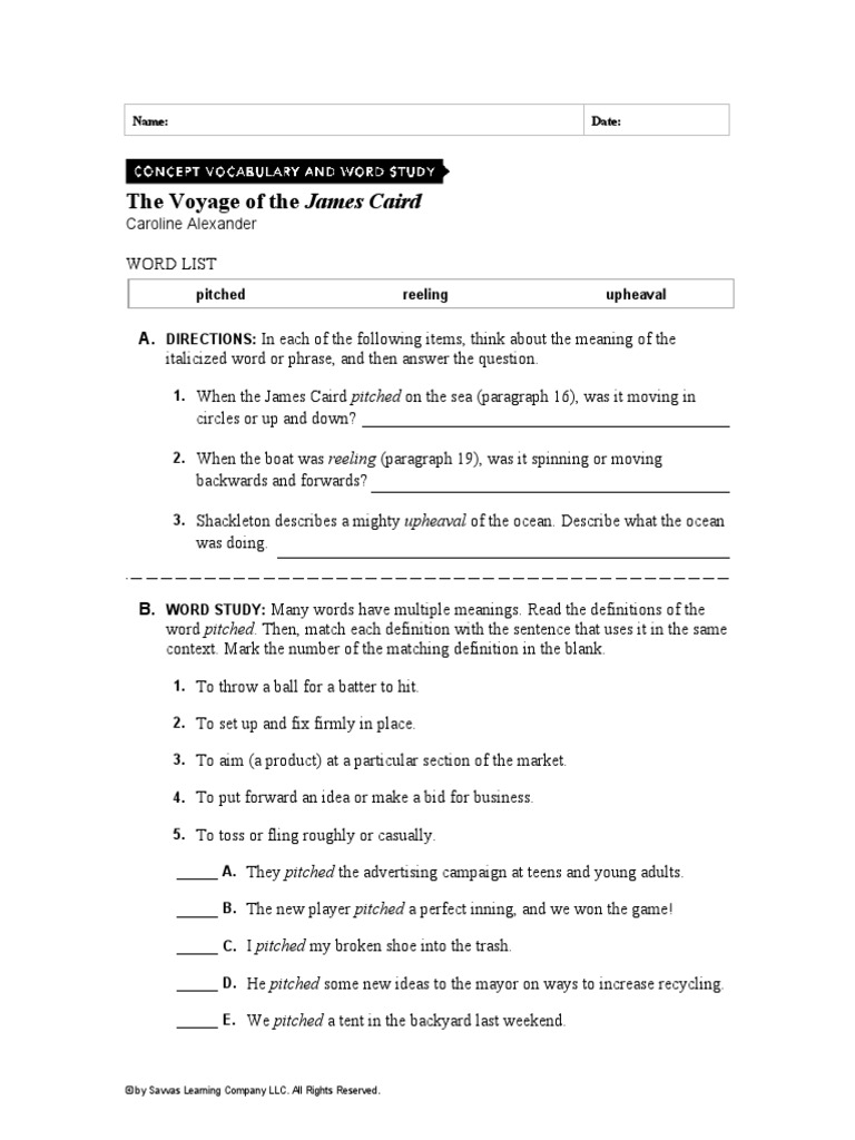 The Voyage of The James Caird Vocabulary Worksheet 1 PDF