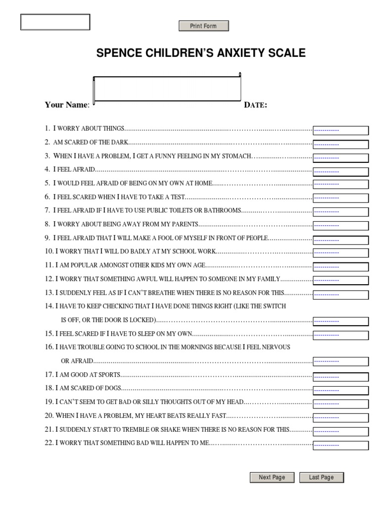 Spence Children'S Anxiety Scale: Your Name: D | PDF | Anxiety Disorder ...