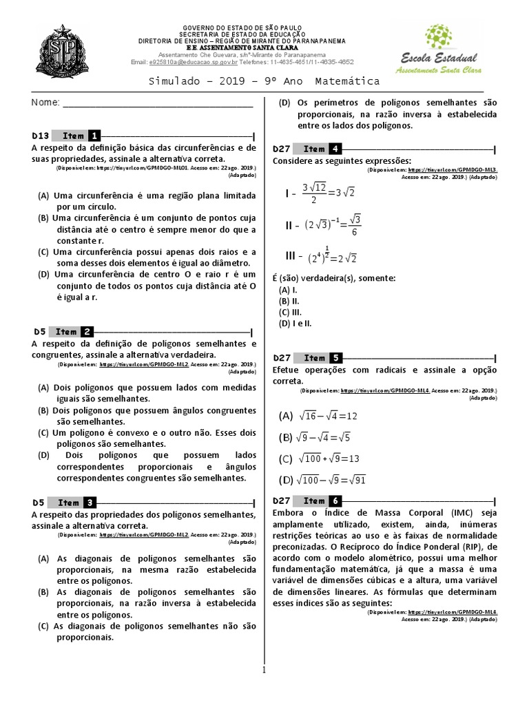 Simulado - SAEB - 9º Ano - Matematica | PDF | Triângulo | Círculo