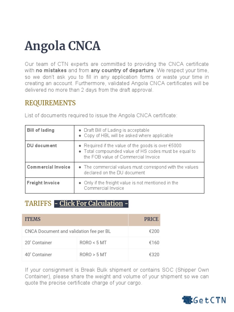 Angola CNCA Certificate Process Guide | PDF | Cargo | Bill Of Lading