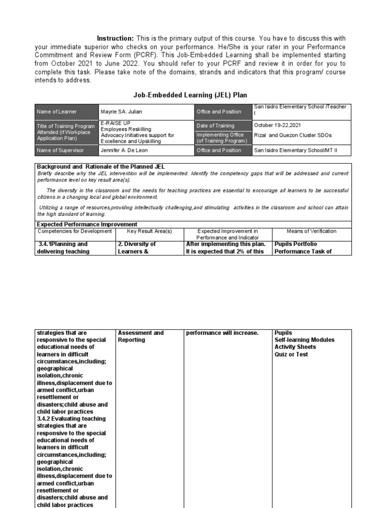 Job-Embedded Learning Plan for Teachers | PDF | Learning | Mentorship