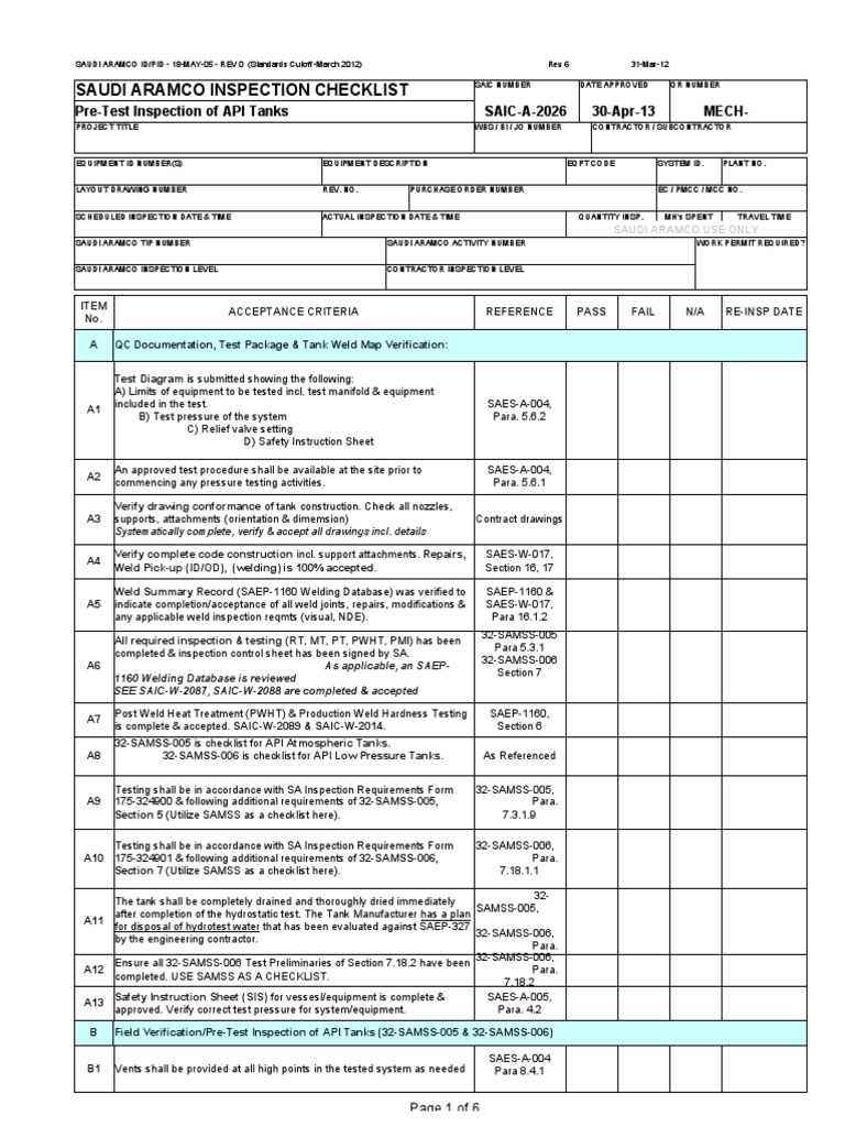 SAIC-A-2026 Rev 6 Pre Test API Tank | PDF | Applied And ...