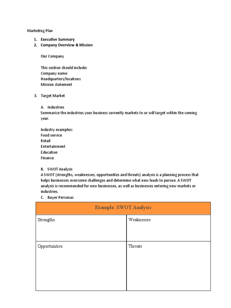 Executive Summary 2. Company Overview & Mission: Example: SWOT Analysis ...