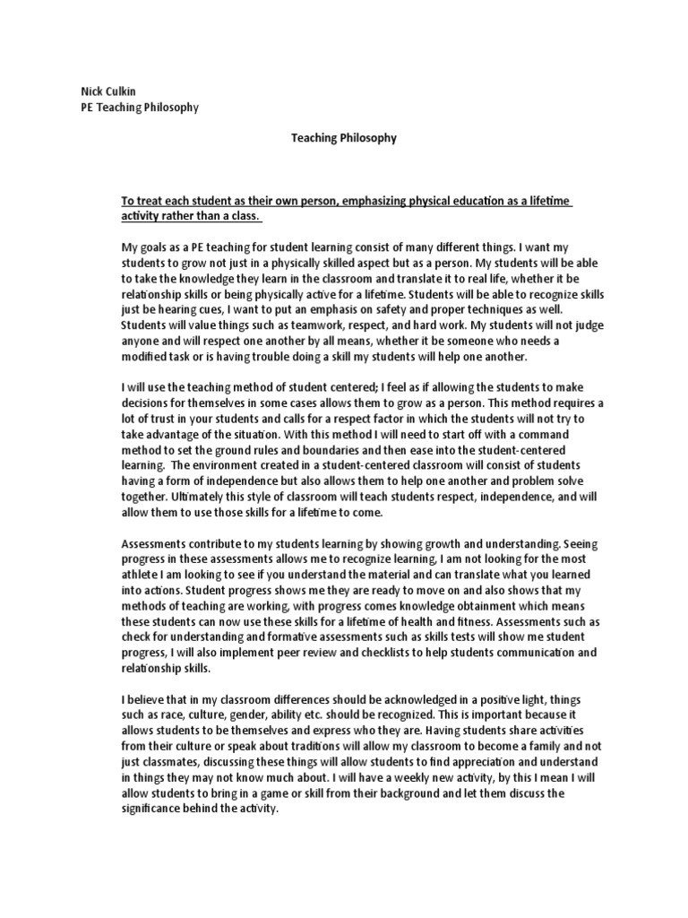 Pe Teaching Philosophy | PDF | Educational Assessment | Learning