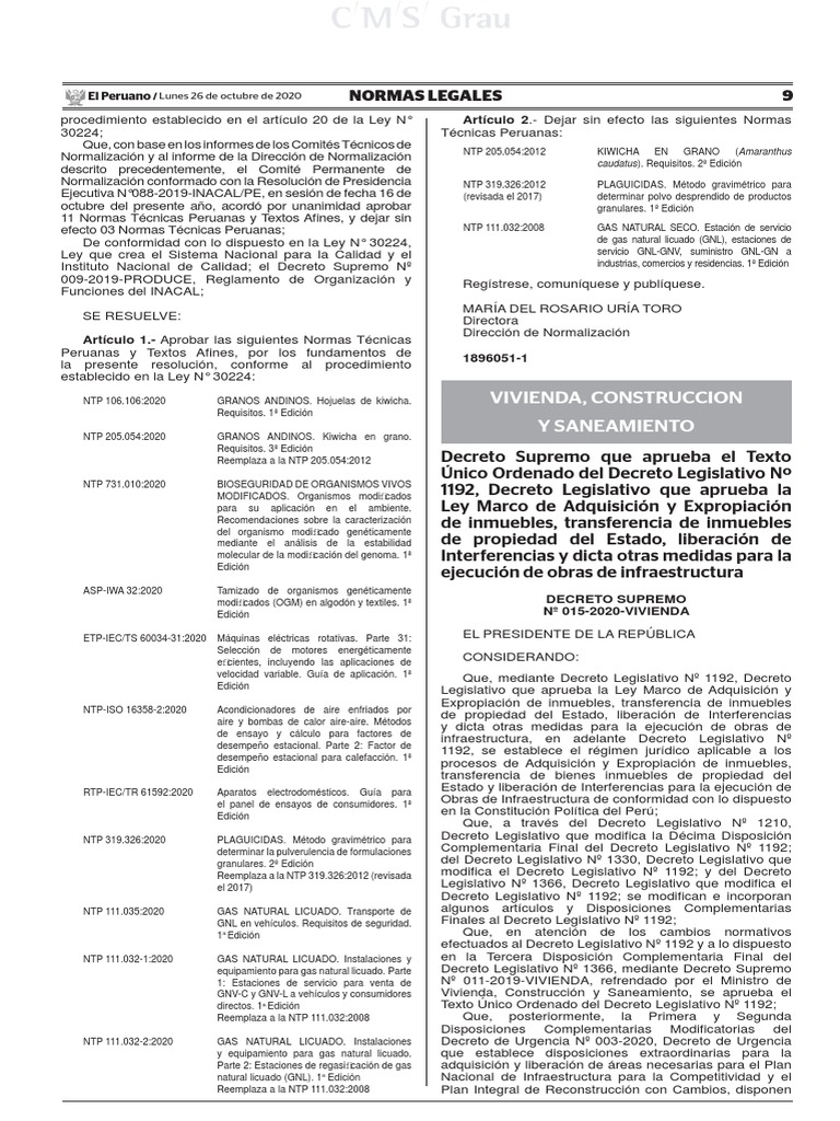 D.S. #015 2020 Vivienda | Descargar gratis PDF | Dominio eminente