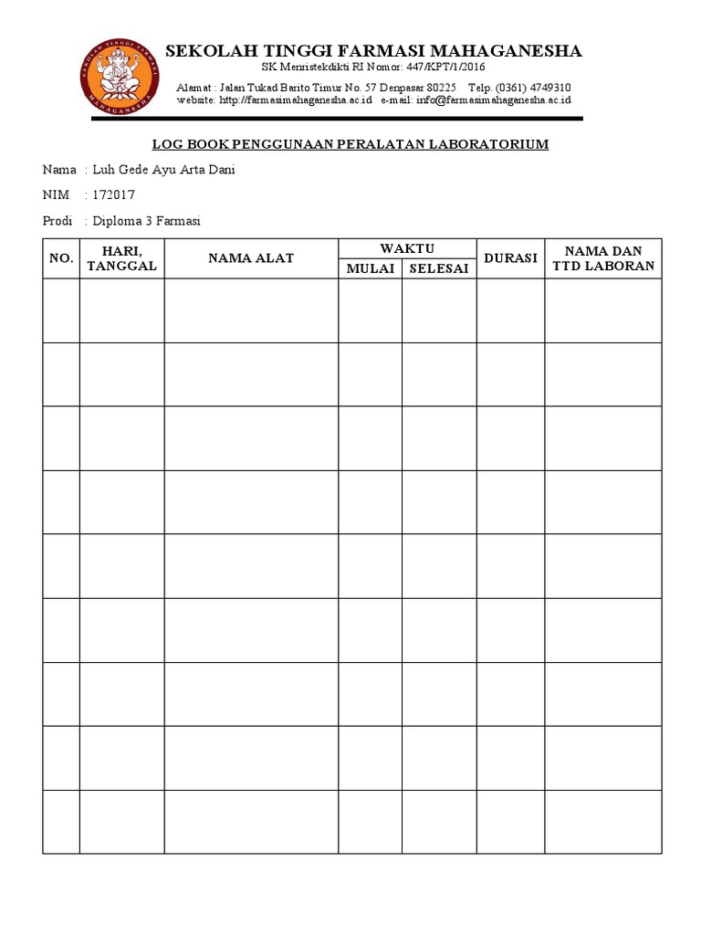 Log Book Penggunaan Laboratorium Farmasi | PDF
