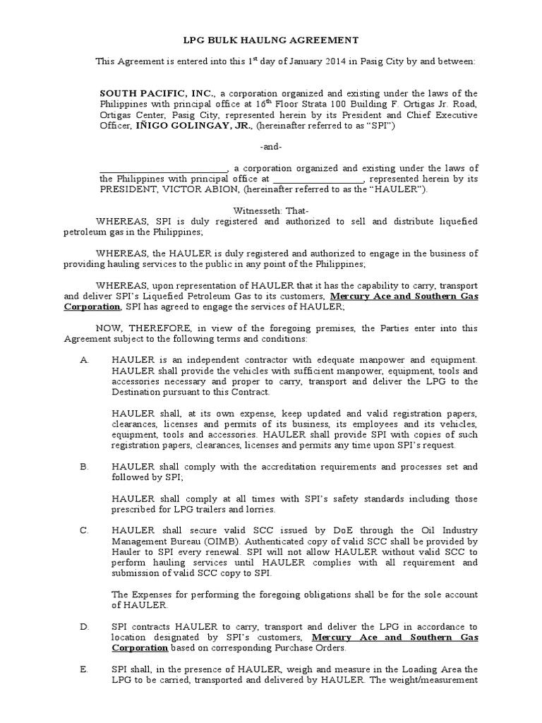 LPG Bulk Hauling Agreement v3 PDF Legal Liability Insurance