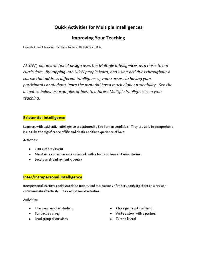 Activities for Multiple Intelligences | PDF | Intelligence | Learning