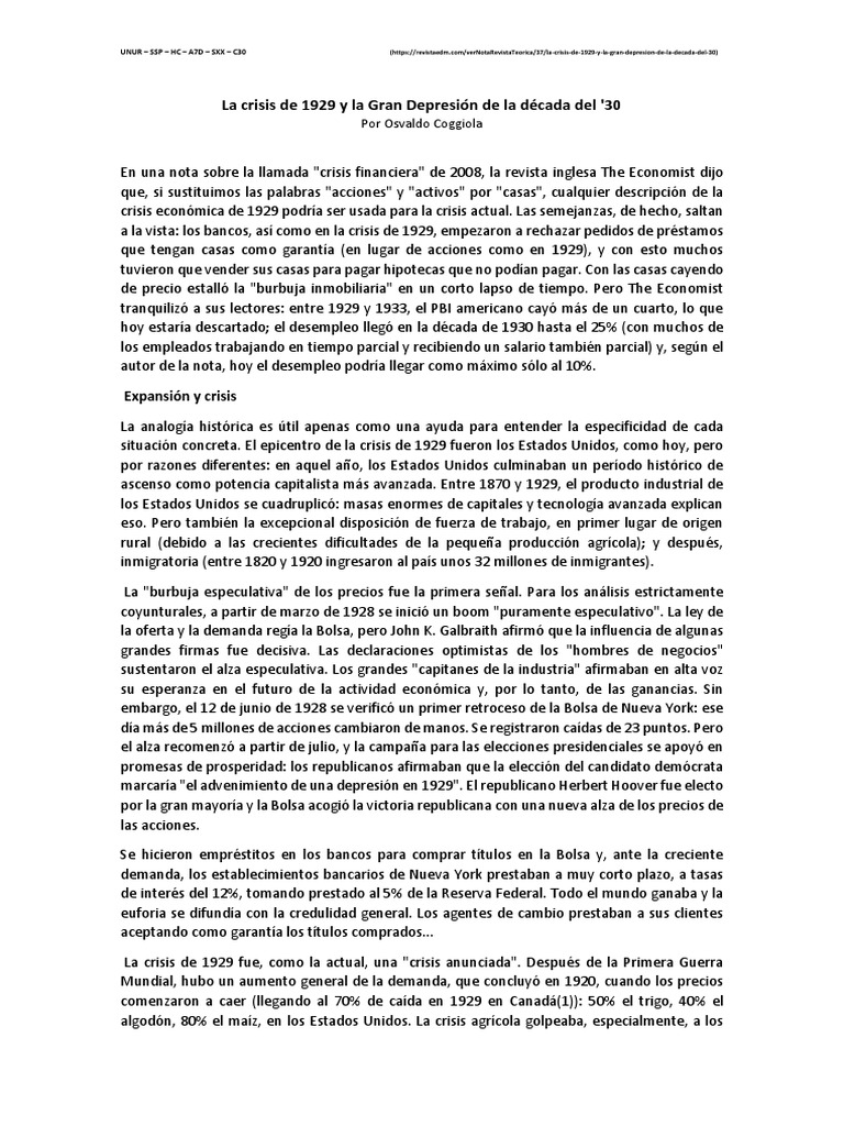 Crisis de 1929 y la Gran Depresión | PDF | Gran depresion | Nuevo acuerdo