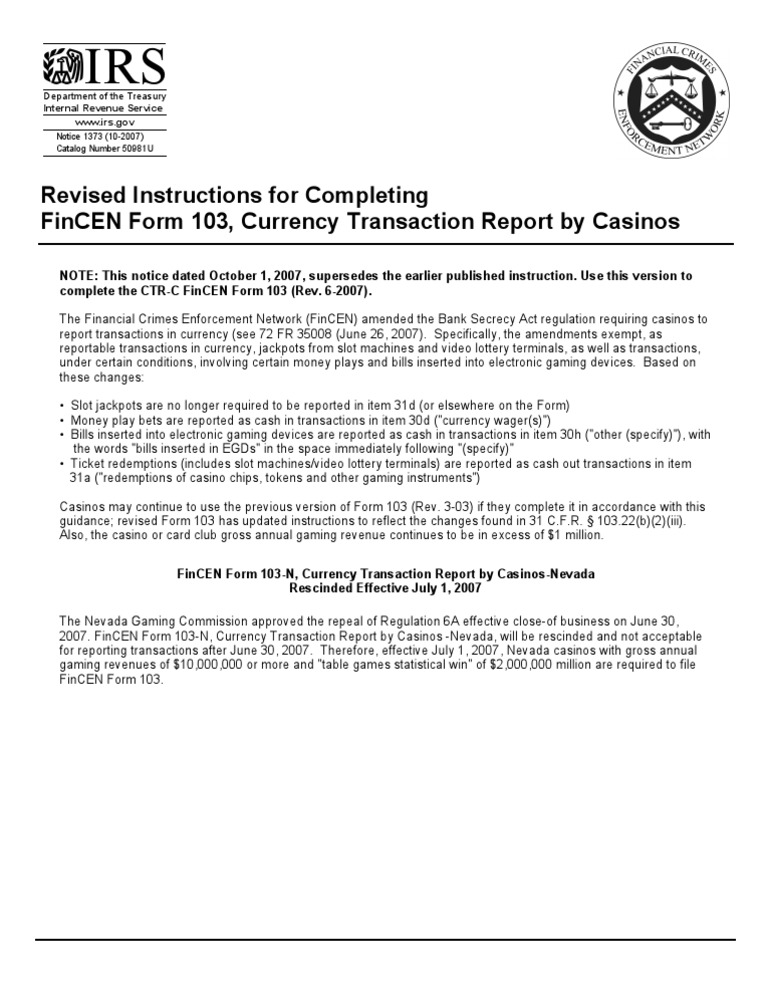 Revised FinCEN Form 103 Instructions | PDF | Finance & Money Management ...