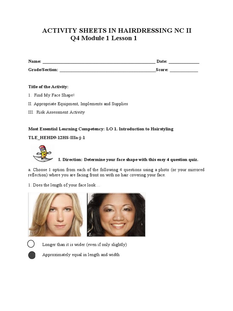 Activity Sheets in Hairdressing NC Ii Q4 Module 1 Lesson 1 PDF