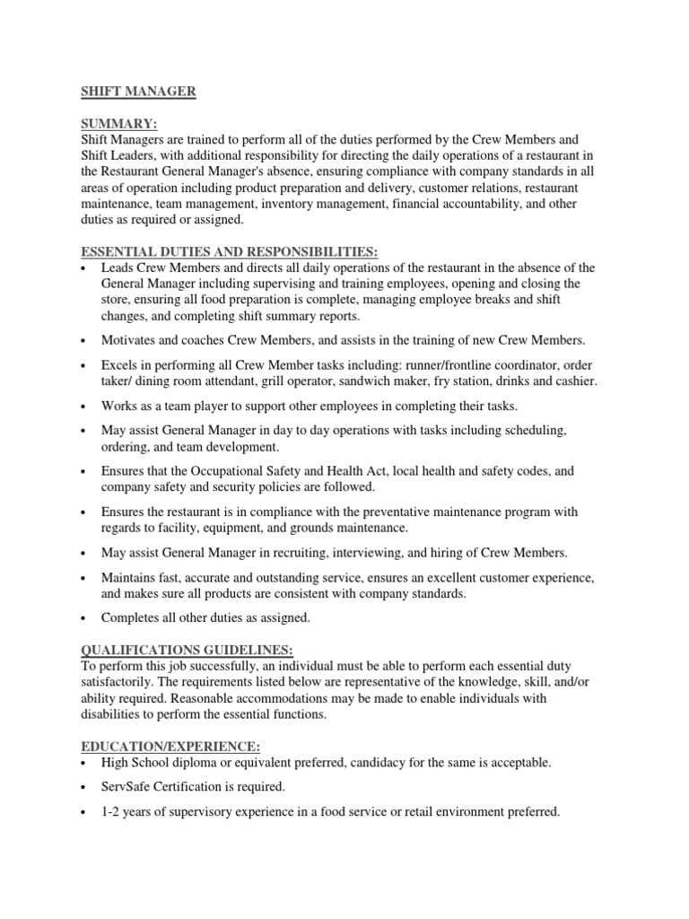 Fiveguys SHIFT MANAGER Job Description May2017 PDF Disability