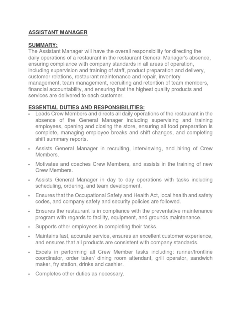 Fiveguys ASSISTANT MANAGER Job Description May2017 PDF Disability