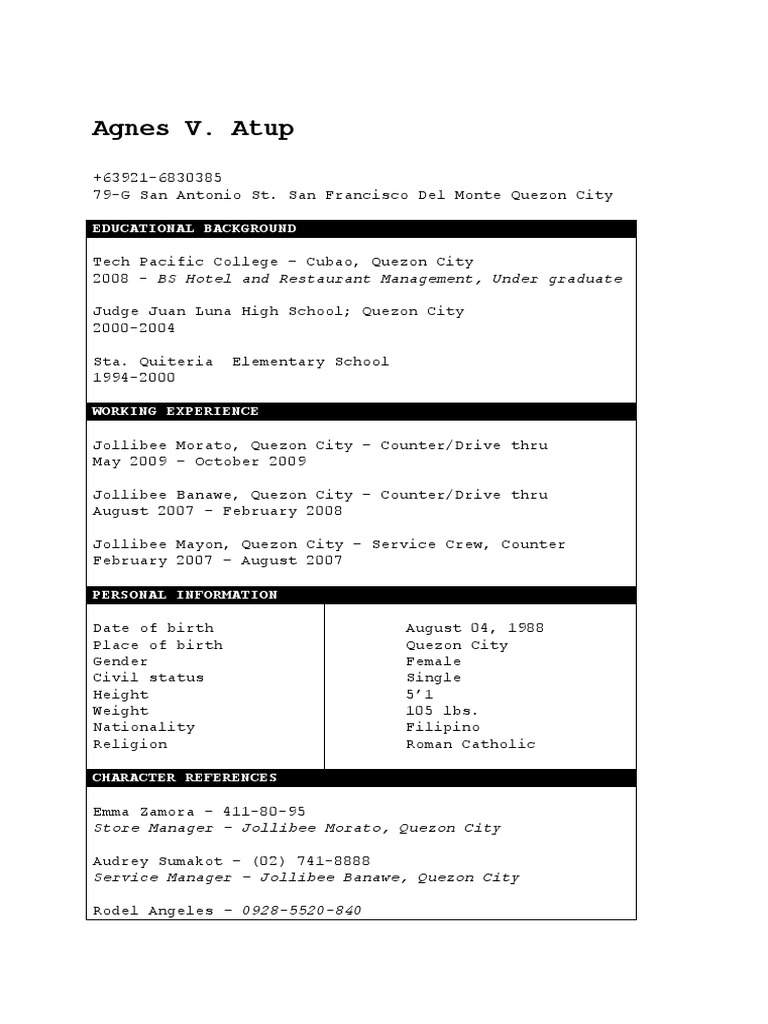 Agnes Atup's Resume and Experience | PDF | Wellness