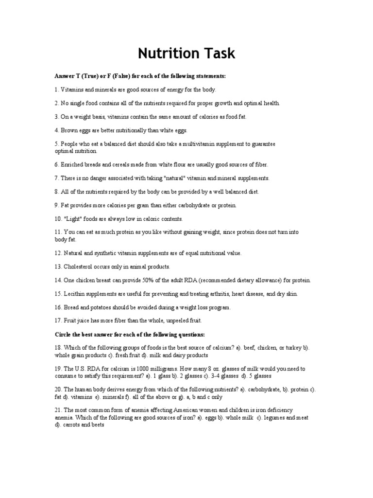 Nutrition Task Answer T (True) or F (False) For Each of The Following