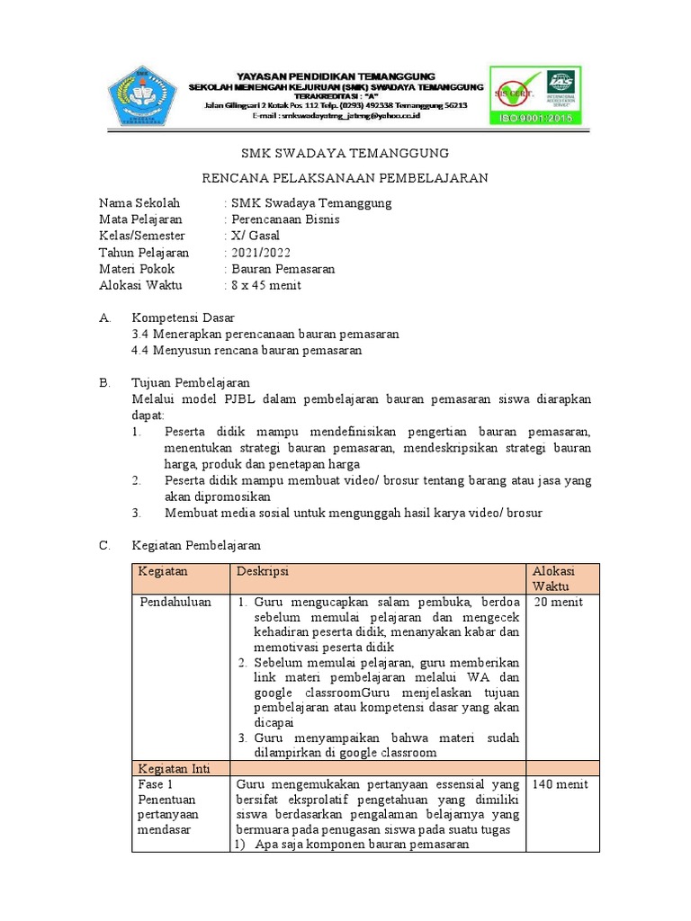 RPP Bauran Pemasaran | PDF | Karier & Perkembangan | Seni