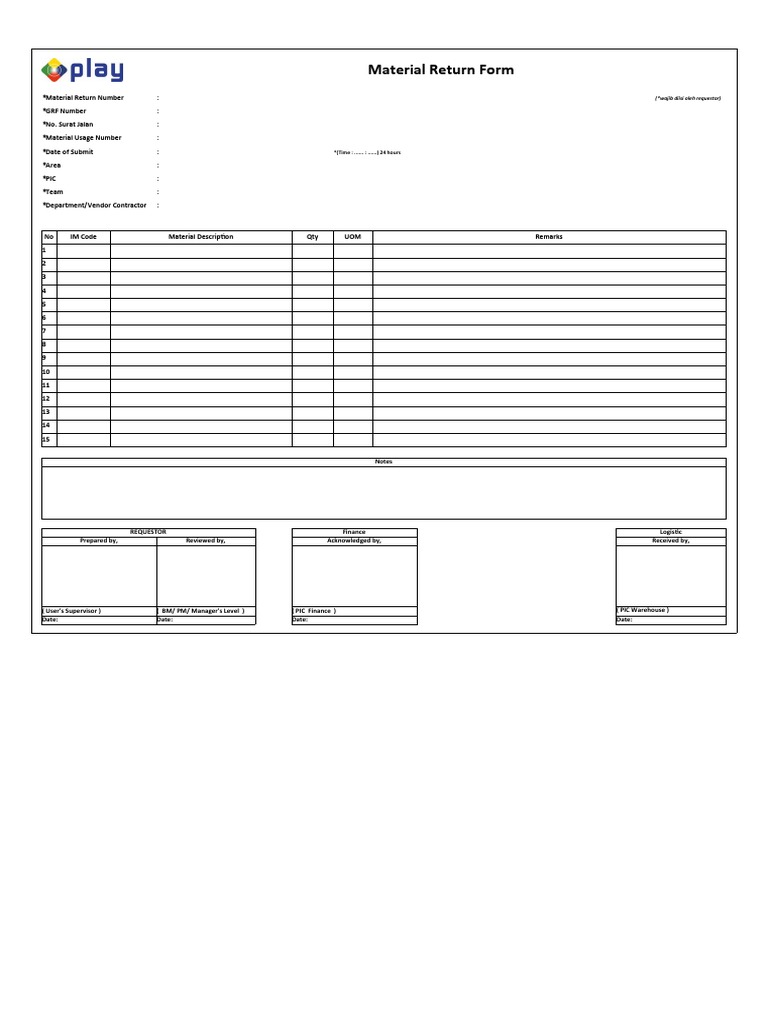 Material Return Form: (Time: ...... : ...... ) 24 Hours | PDF