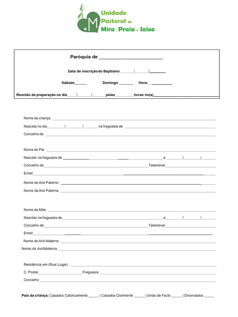 Formulário de Inscrição de Batismo | PDF | Igreja católica | Batismo