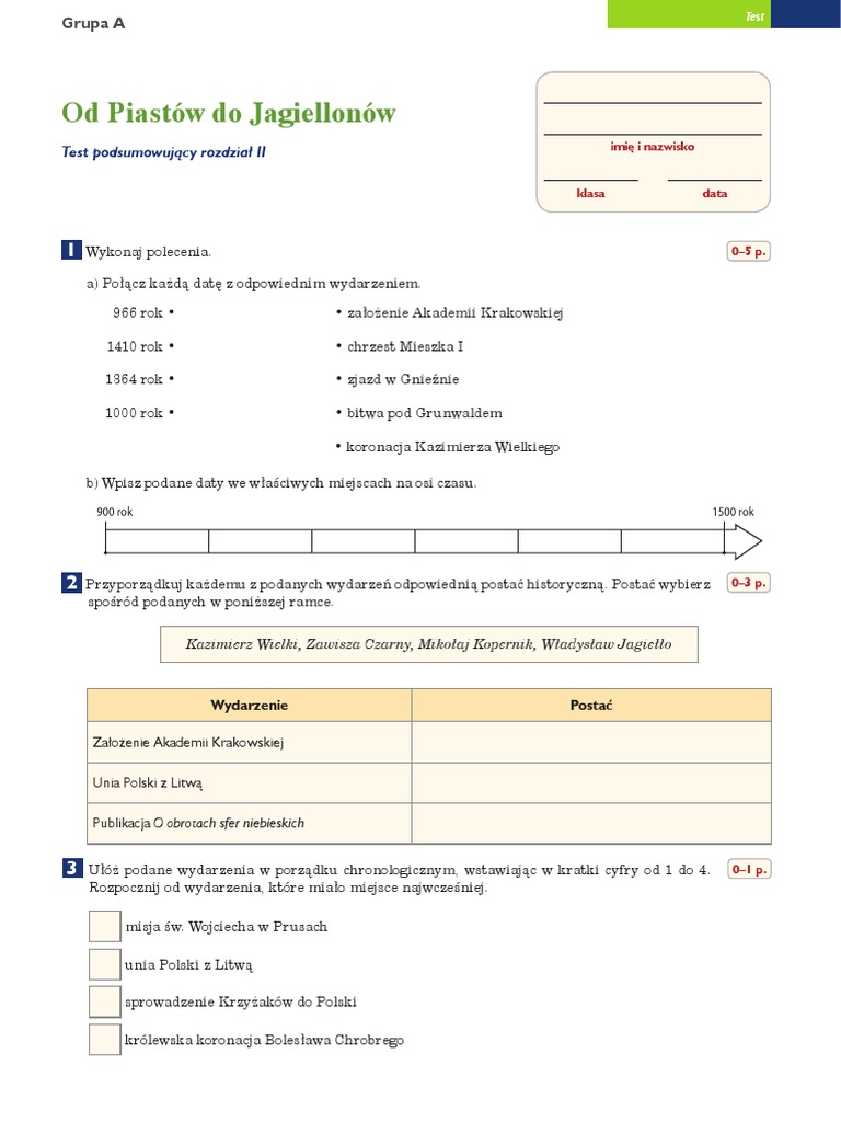 Historia Klasa 4 Dział 2 Sprawdzian