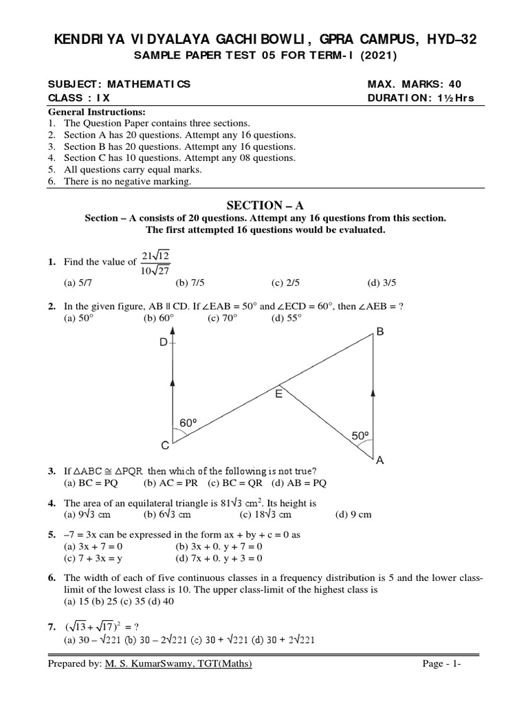 Maths Class Ix Sample Paper Test 05 For Term I 1 | PDF | Area | Angle