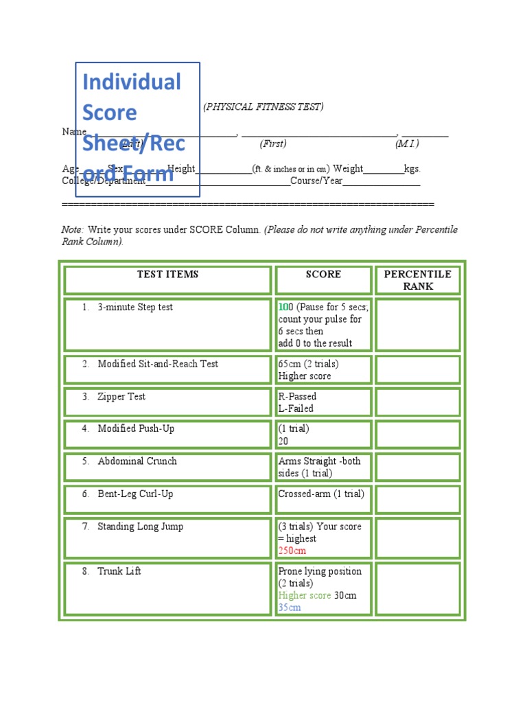 Physical Fitness Test Score Sheet | PDF | Recreation | Physical Exercise