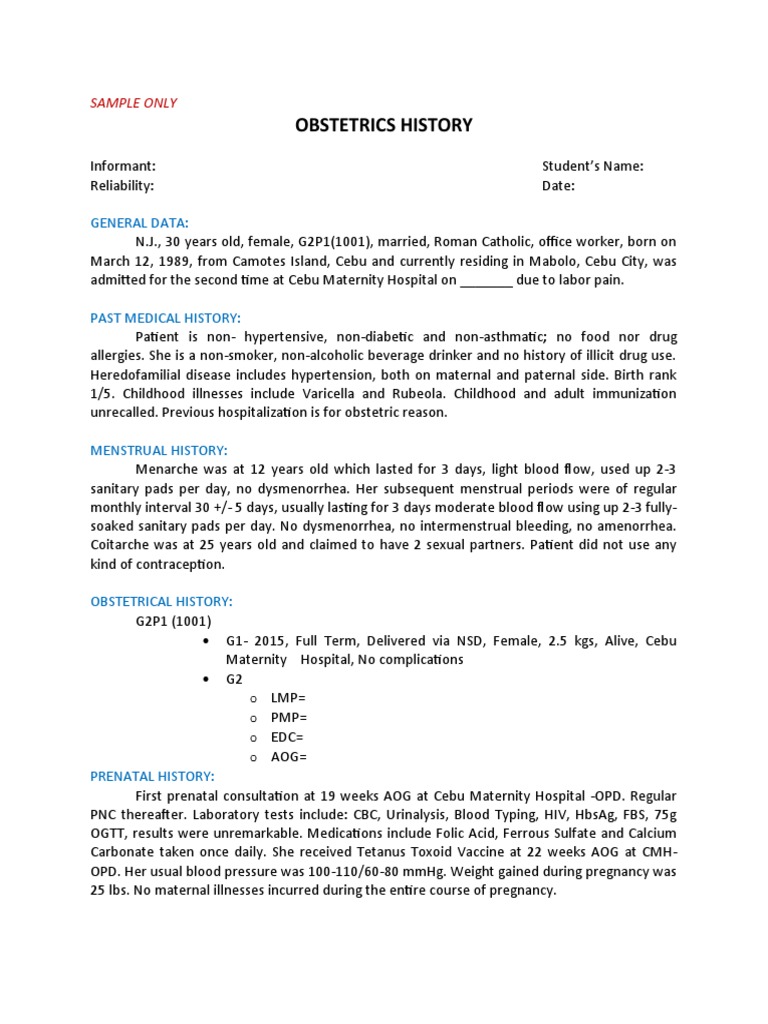 Obstetrics History and Examination Sample | PDF | Menstruation | Childbirth