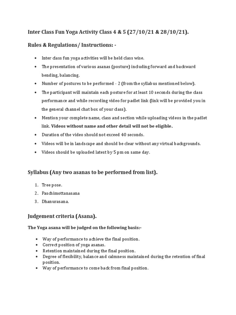 Inter Class Fun Yoga Activity Class 4 & 5 (27/10/21 & 28/10/21) Rules & Regulations