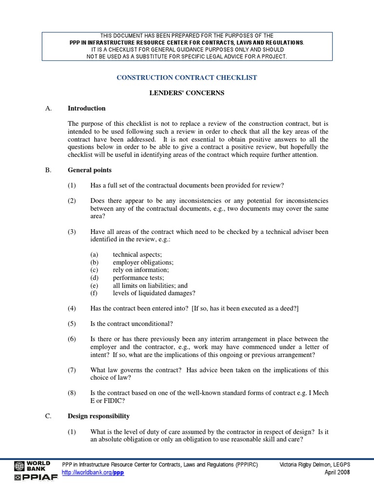 Construction Contract Checklist | PDF | Arbitration | Surety