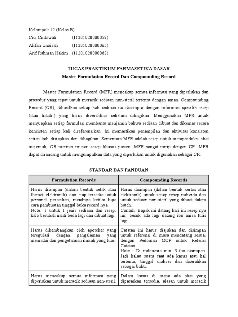 Kelompok 12 (Kelas B) Master Formulation Record Dan Compounding Record