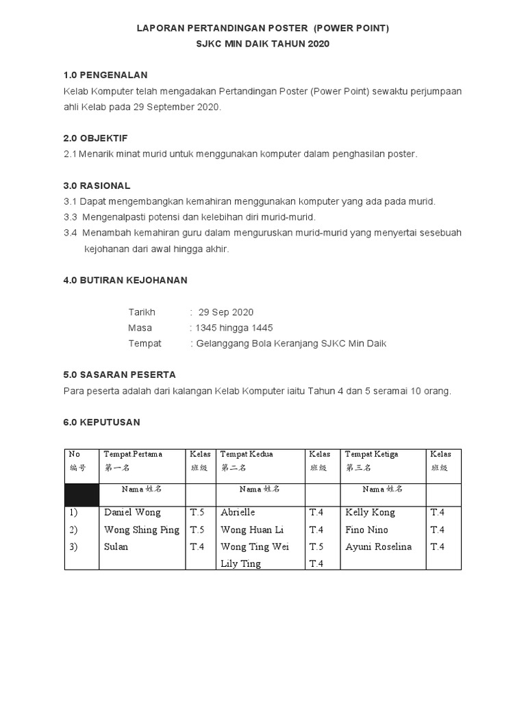 Laporan Pertandingan Poster SJKC Min Daik | PDF | Game & Aktivitas