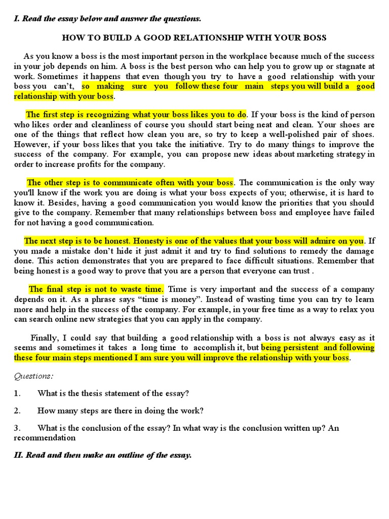 How To Build A Good Relationship With Your Boss I. Read The Essay