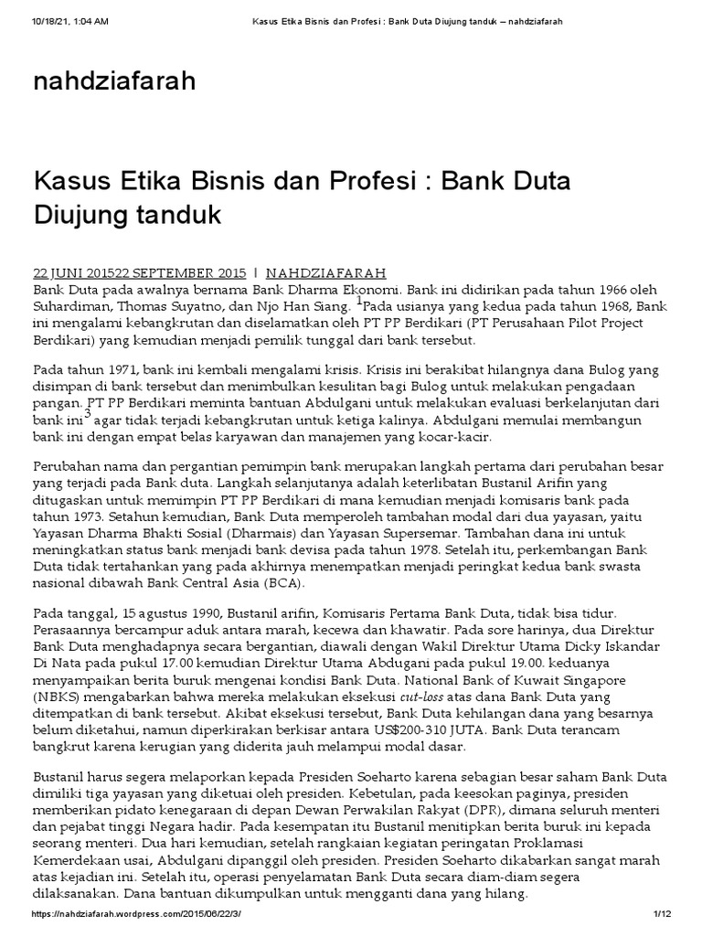 A Etika Bisnis Dan Profesi Bank Duta Di Ujung Tanduk Nahdziafarah Pdf