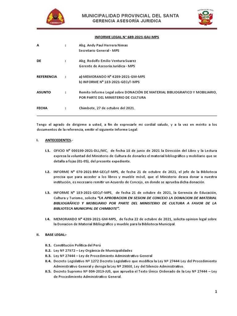 Informe Legal sobre Donación Cultural | PDF | Estado de emergencia | Perú, image size:768x1024