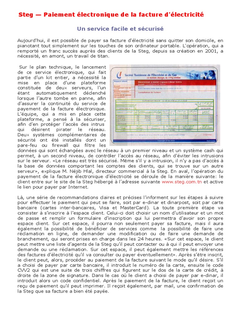 Paiement électronique de la facture Steg | PDF | Serveur (Informatique ...