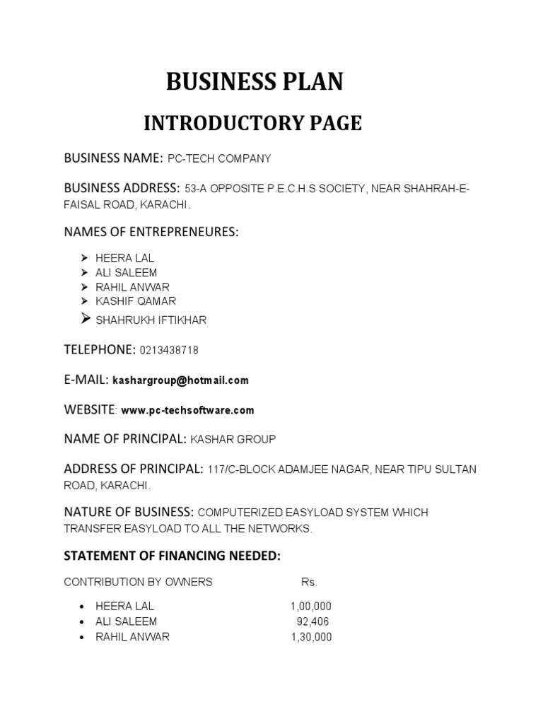 Business Plan: Introductory Page | PDF | Retail | Market (Economics)