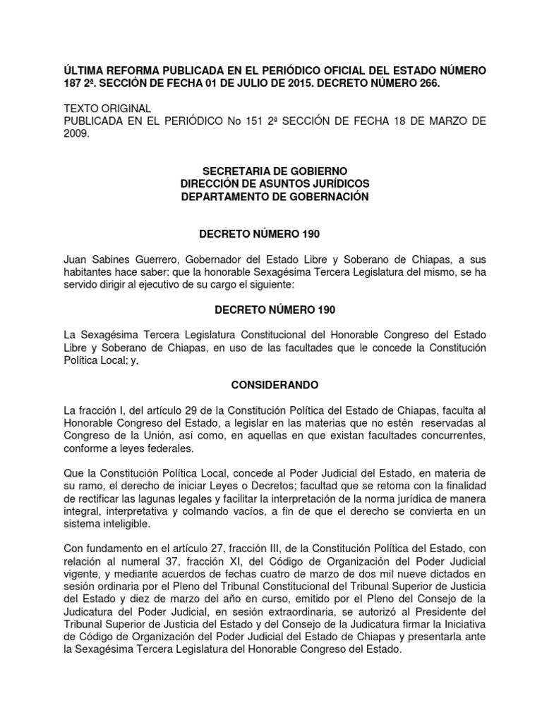 Codigo de Organizacion Del Poder Judicial Del Estado de Chiapas PDF Estado (política