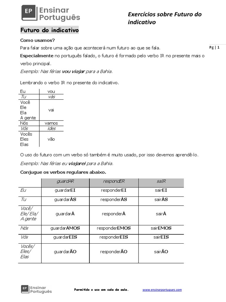 Futuro Do Indicativo Explicação e Exercício | PDF