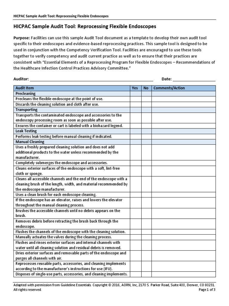 HICPAC Sample Audit Tool Reprocessing Flexible Endoscopes PDF