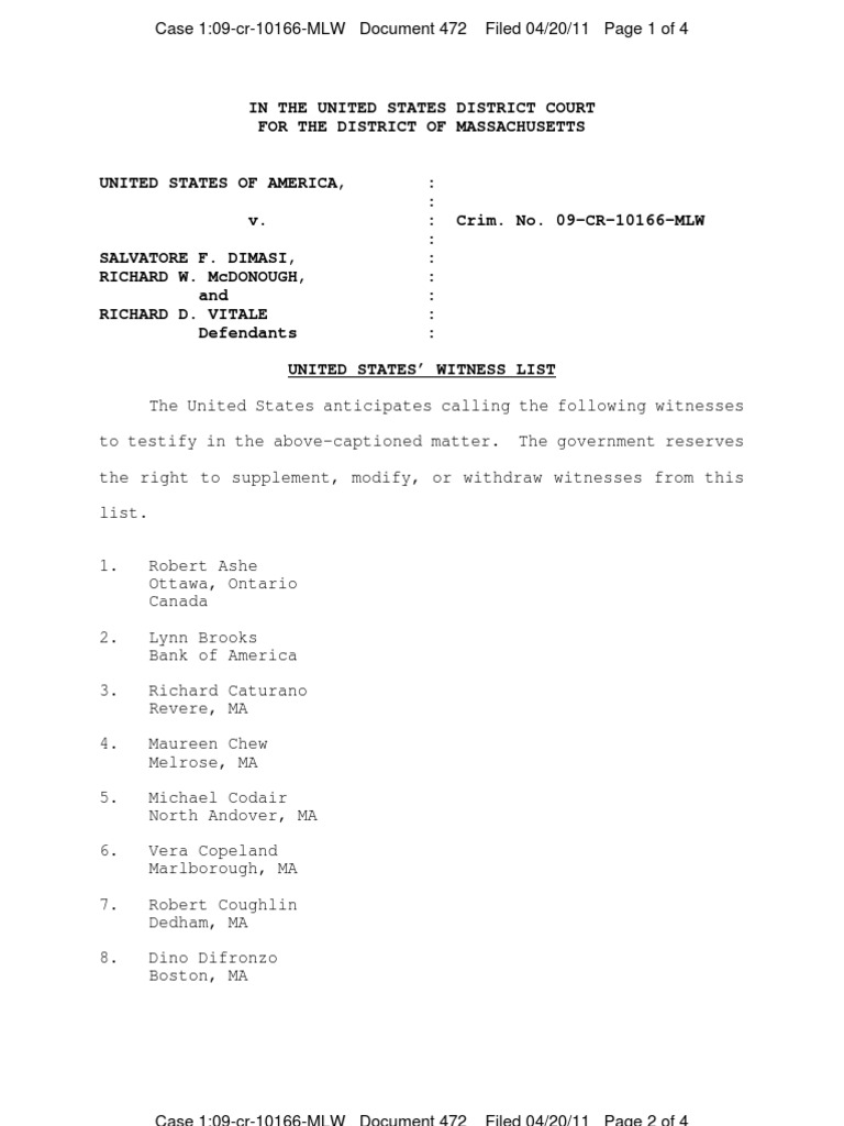 U.S. Witness List for Dimasi Case | PDF | Massachusetts | Government